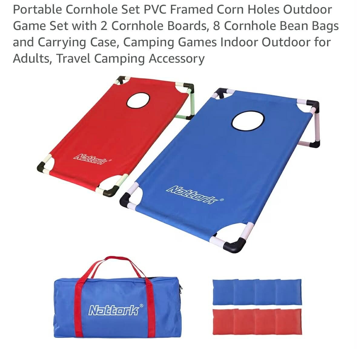Portable cornhole set, PVC with 2 boards, 8 bean bags and carrying case, striped pattern