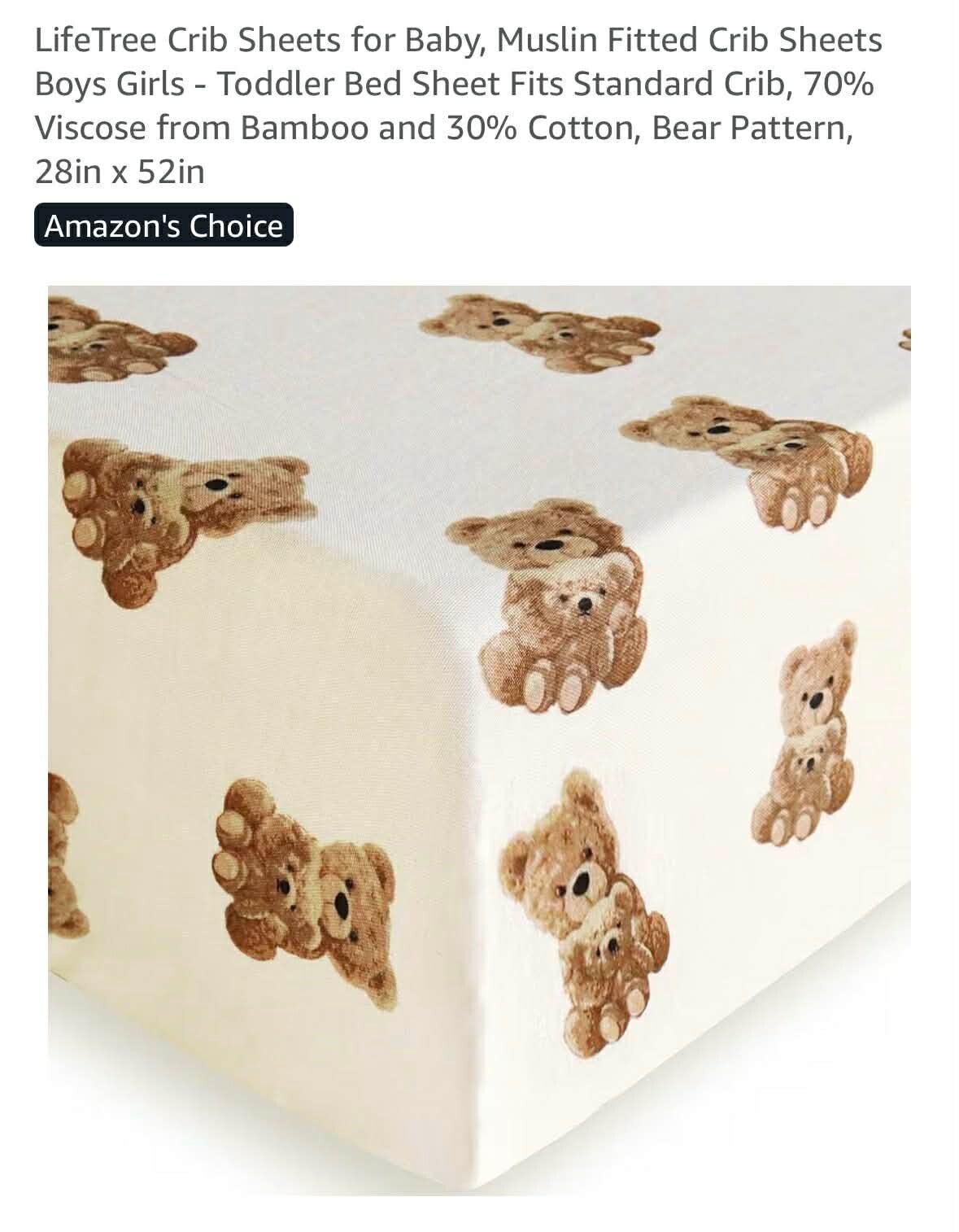 LifeTree muslin fitted crib sheets, 70% viscose from bamboo, 30% cotton, 28x52'', 2 pack, bear pattern