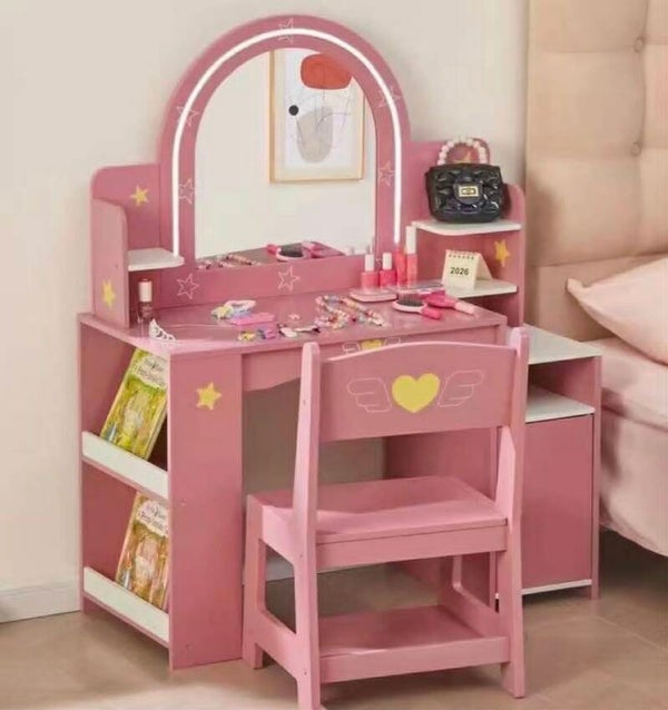Kids vanity makeup table set, LED light up mirror, built in storage, 3 tier shelves with chair, pink
