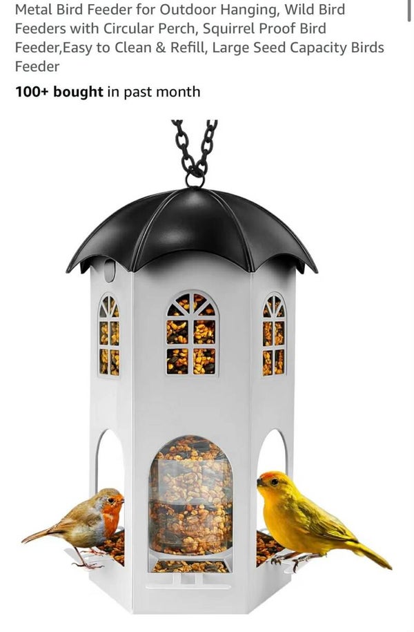 Metal bird feeder for outdoor hanging with circular perch, squirrel proof