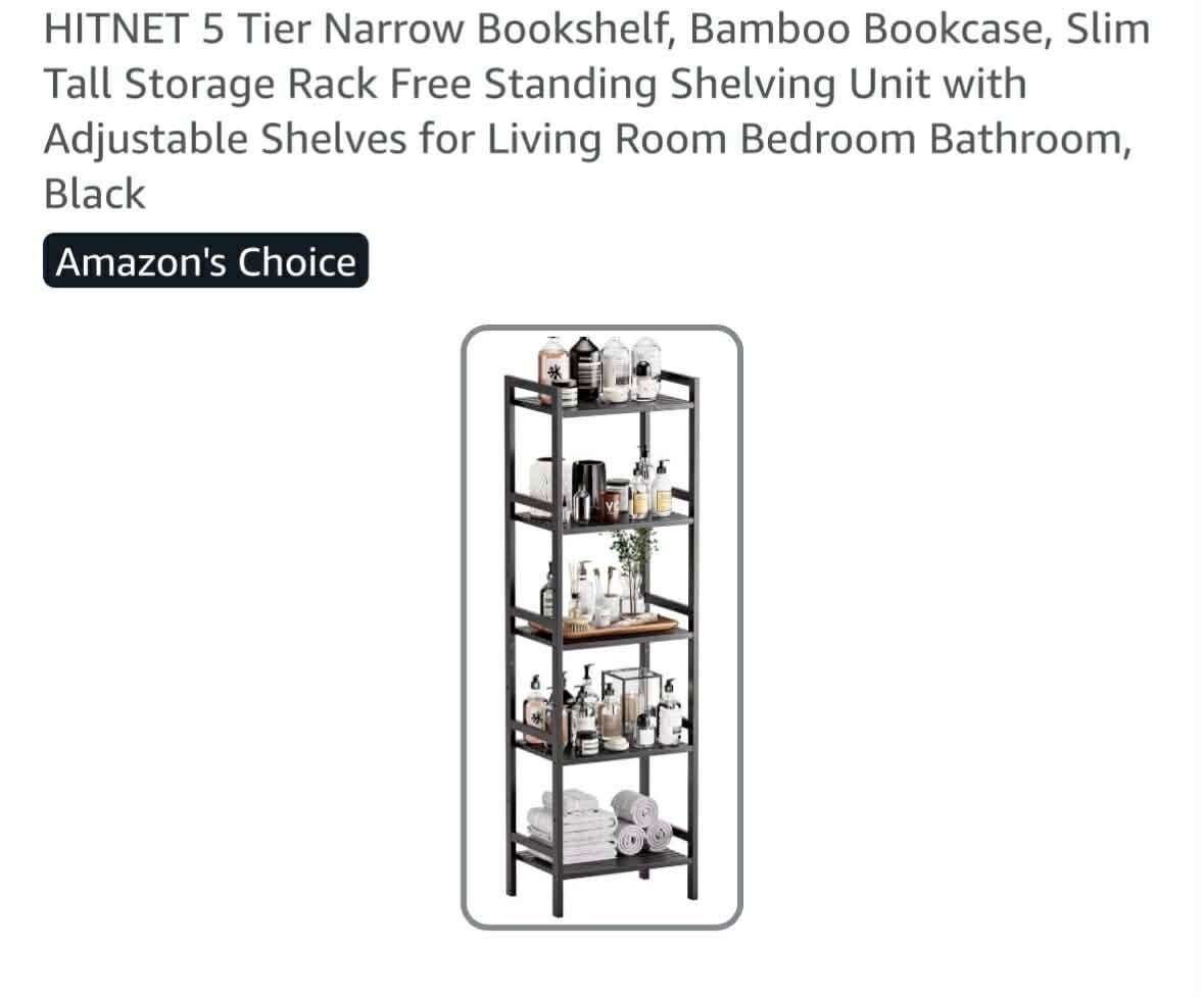 Hitnet 5 tier narrow bookshelf, adjustable shelves, 18x12x56'', bamboo, black