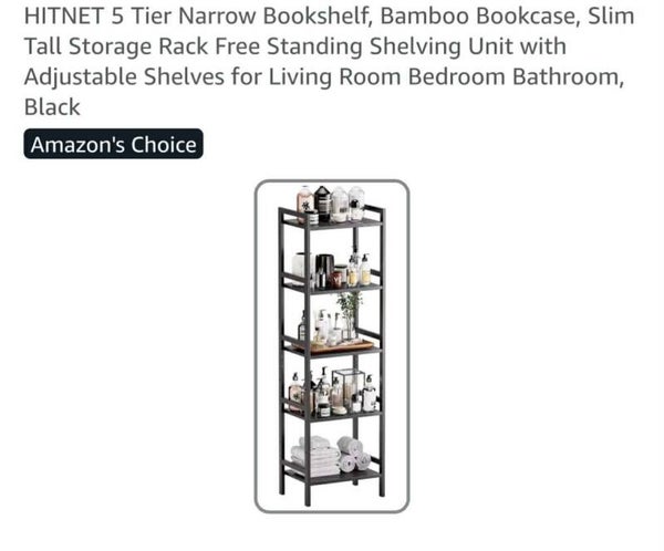 Hitnet 5 tier narrow bookshelf, adjustable shelves, 18x12x56'', bamboo, black