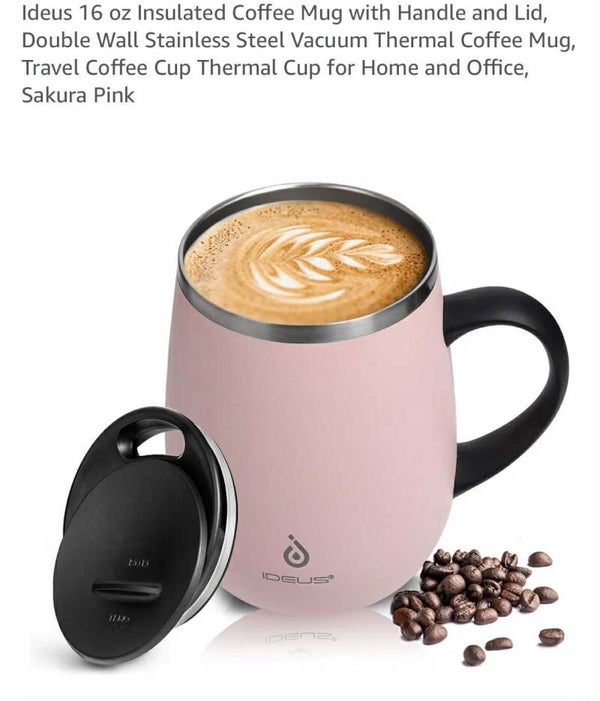 GrandTies insulated coffee mug with sliding lid, 16oz, light pink