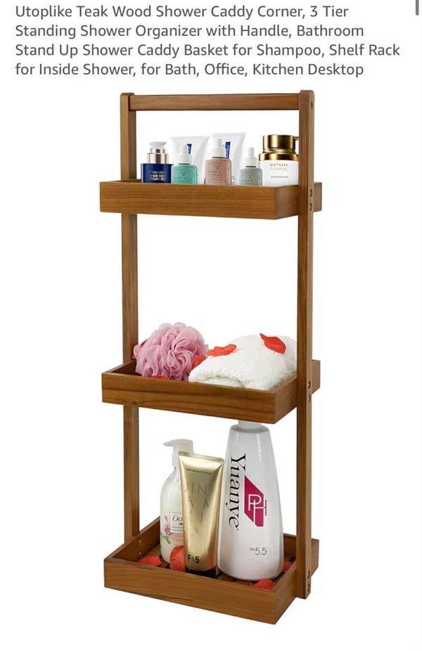 Utoplike teak wood shower caddy corner, 3 tier with handle, 30x11x8''