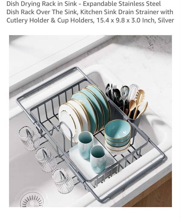 In sink dish drying rack, expandable, silver/grey