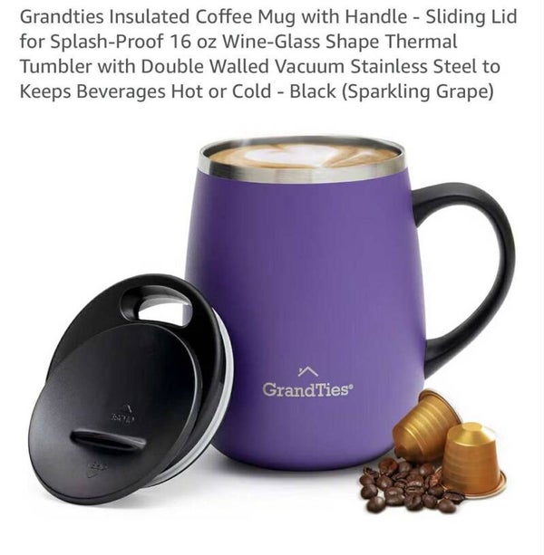 GrandTies insulated coffee mug with sliding lid, 16oz, bright purple
