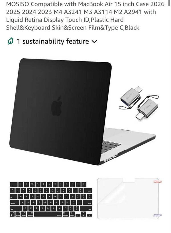 MOSISO Macbook Air 15'' case with liquid retina display, touch ID, plastic hard shell, black