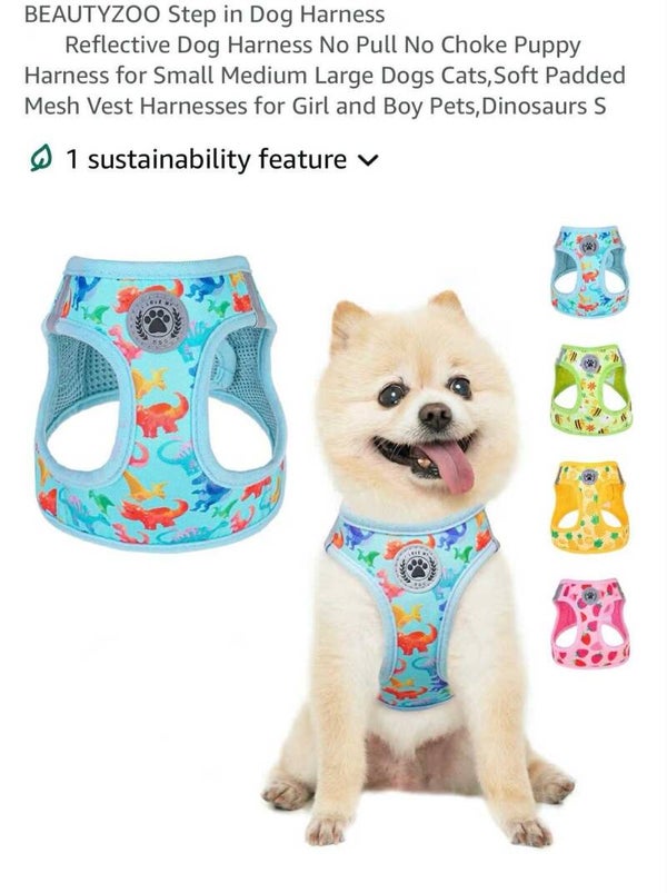 Beautyzoo step in reflective dog harness, no pull, no choke, dinosaurs, size Small