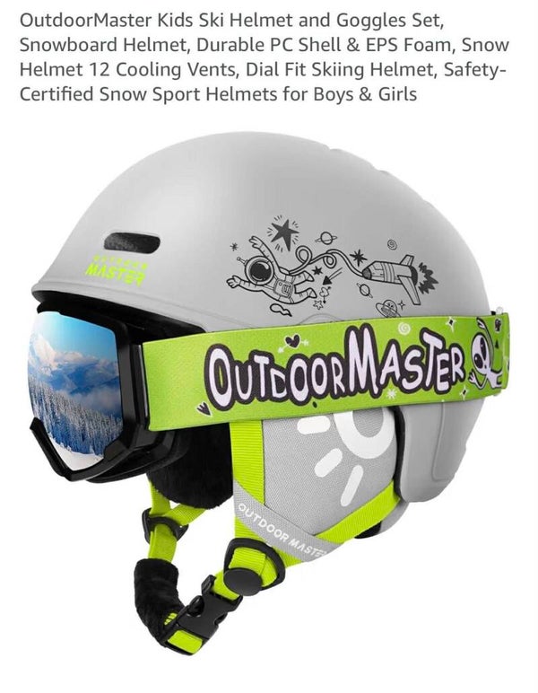 Outdoor Master kids helmet and goggles set, durable PC shell & EPS foam, 12 cooling vents, safety certified, size XS, 48-52cm