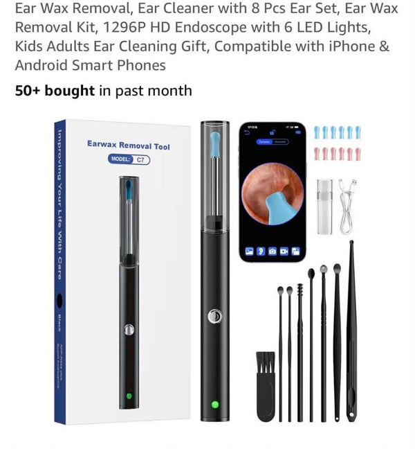 Ear wax removal/ear cleaner with 8pcs, 1296P HD endoscope with 6 LED lights, smart phone compatible