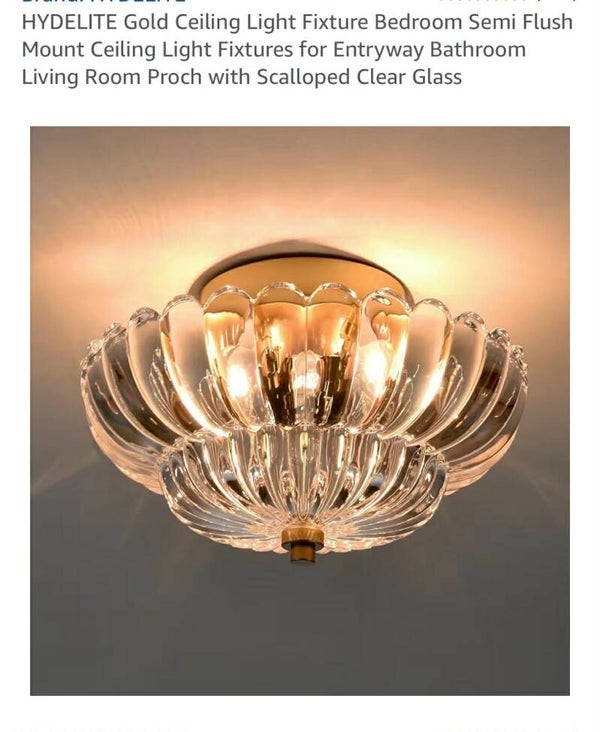 Hydelite gold ceiling light fixture, semi flush mount with scalloped clear glass