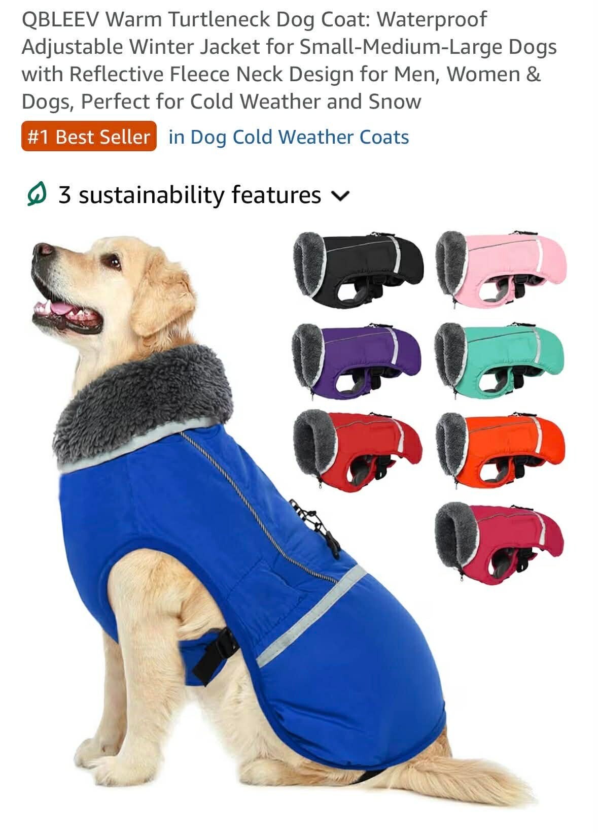 QBLEEV warm turtleneck coat, waterproof, adjustable, reflective strip, size Medium, blue