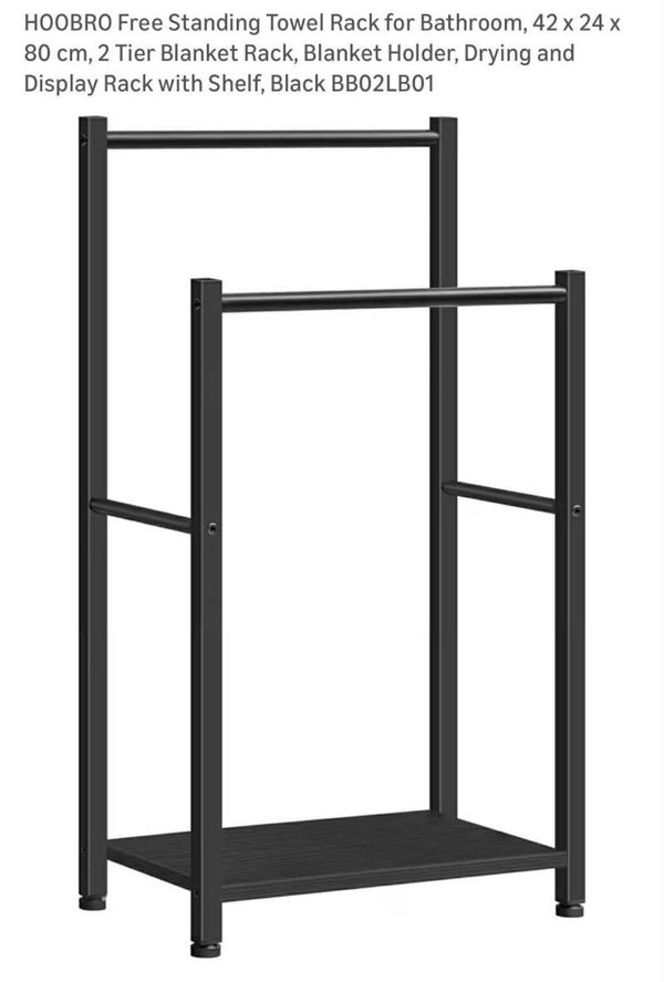 Black metal towel stand, 2 levels, 31.5'' & 22'' heights