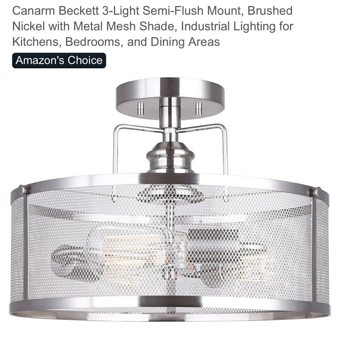 Beckett 3-light semi-flush mount, brushed nickel with metal mesh shade, industrial lighting, 15 3/8''
