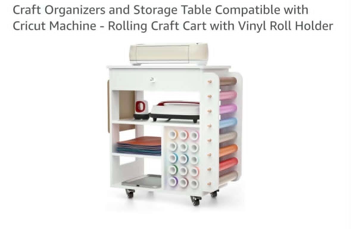Craft organizer and storage table, compatible with cricut machine, rolling cart with vinyl holder, white