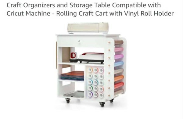 Craft organizer and storage table, compatible with cricut machine, rolling cart with vinyl holder, white