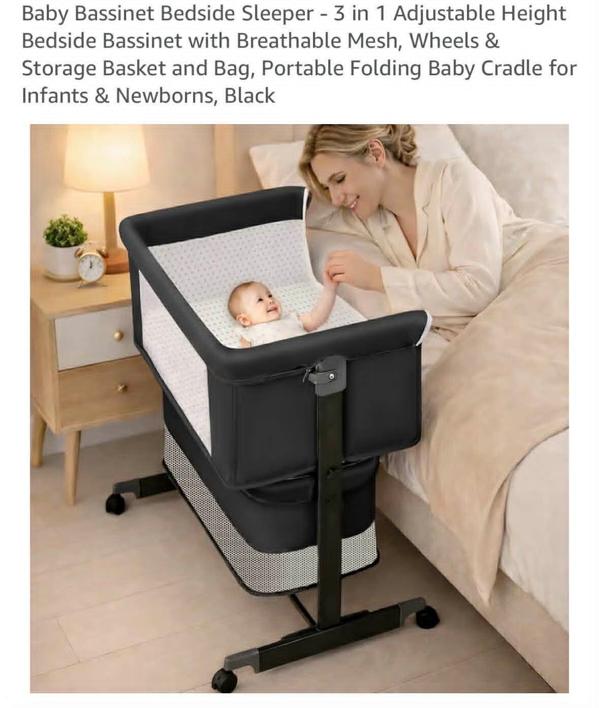 Baby bassinet bedside sleeper, 3 in 1 adjustable height with breathable mesh, wheels, storage basket and bag, black
