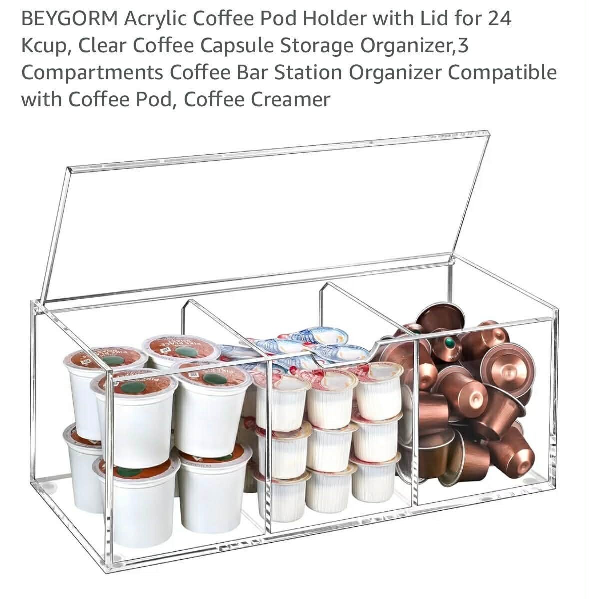Acrylic coffee pod holder with lid for 24 kcups, 3 compartments, 12x4.5x4.5''