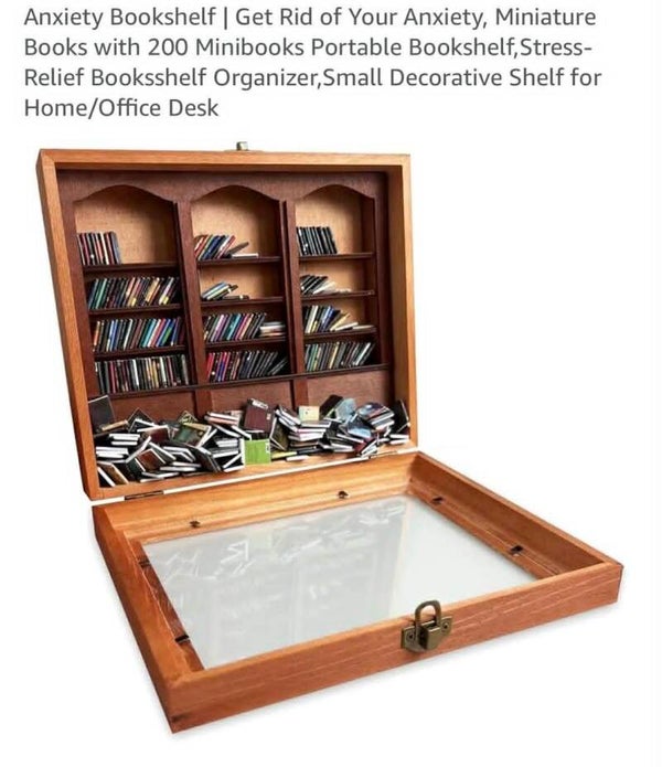 Anxiety bookshelf, 200 miniature books with portable bookshelf, wood design