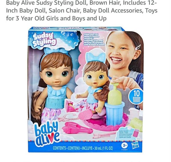 Baby Alive Sudsy Styling Doll, brown hair, includes 12'' doll and accessories