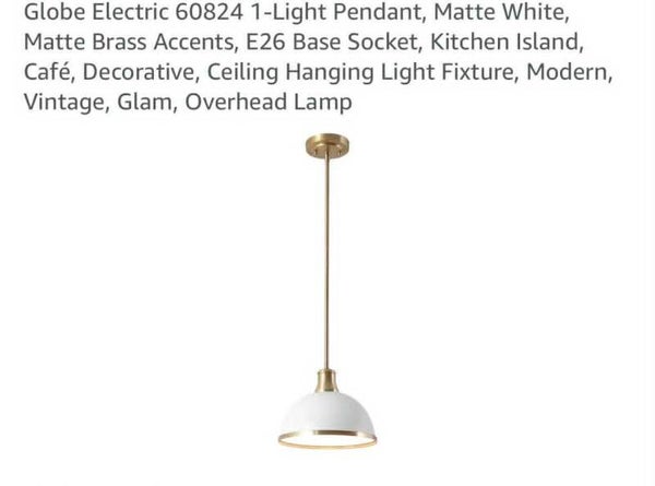 Globe electric 1 light pendant ceiling light fixture, matte white with brass accents, adjustable lengths, 10.35'' diameter shade