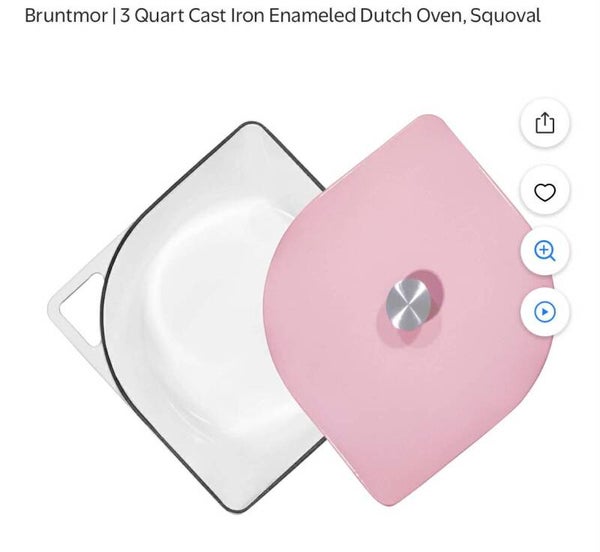 Bruntmor, 3 quart cast iron enameled dutch oven, squovel, white with pink lid