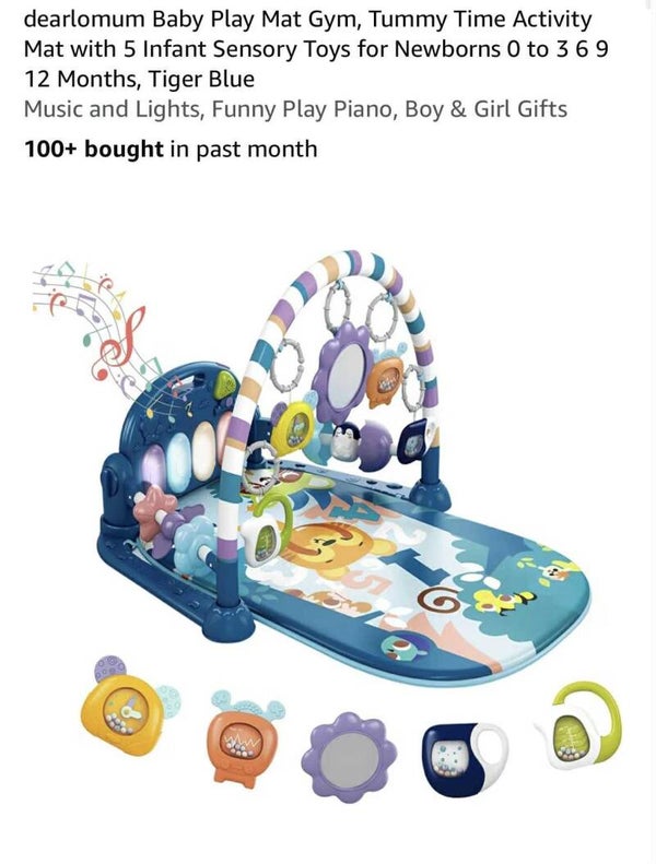 Dearlomum baby play mat gym, 5 sensory toys, tiger blue, 0-12mths