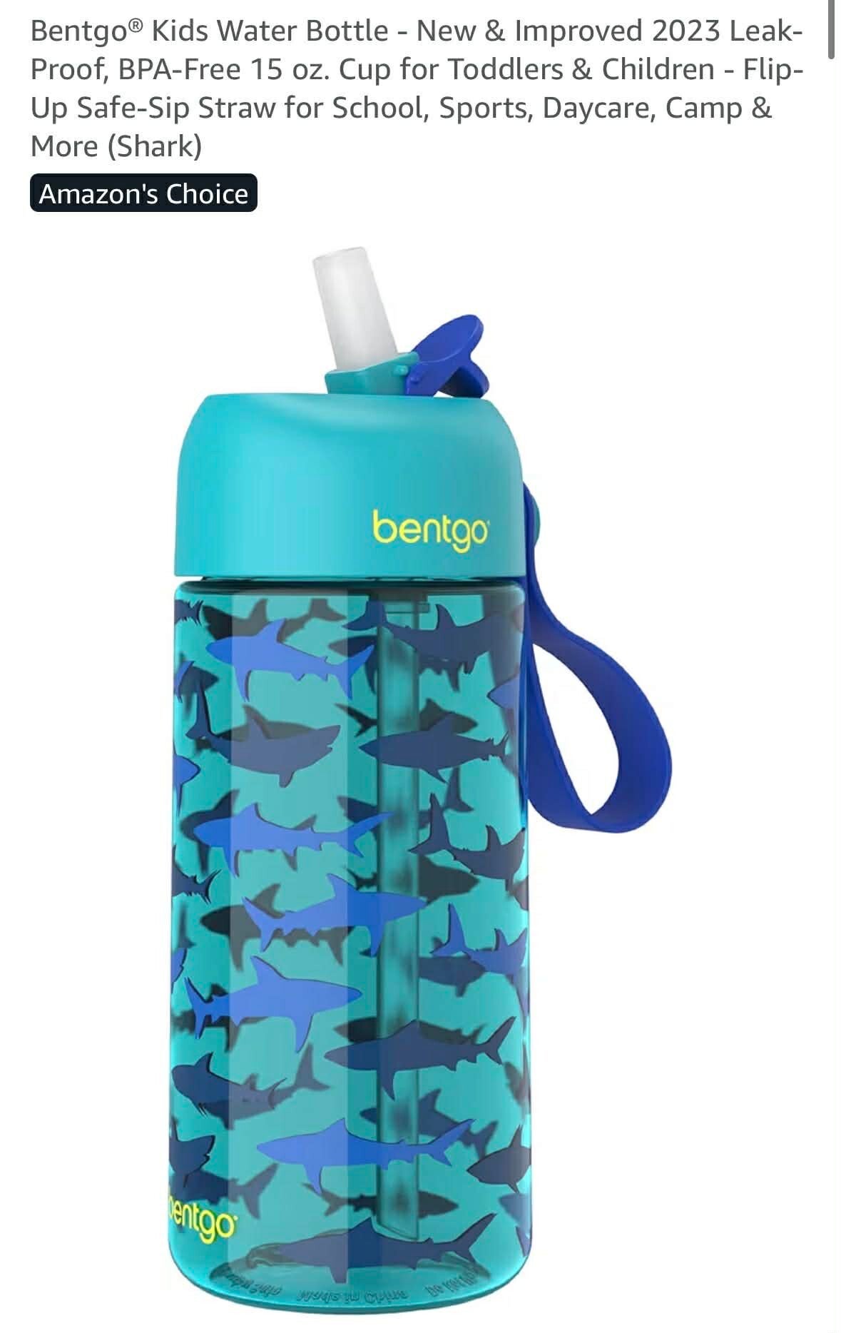 Bentgo kids water bottle, leak-proof, BPA free 15oz., flip up safe-sip straw, blue, shark design