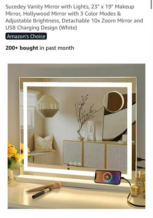 Sucedey vanity mirror with lights, 3 colour modes & adj. brightness, USB charge, 23x19'', white