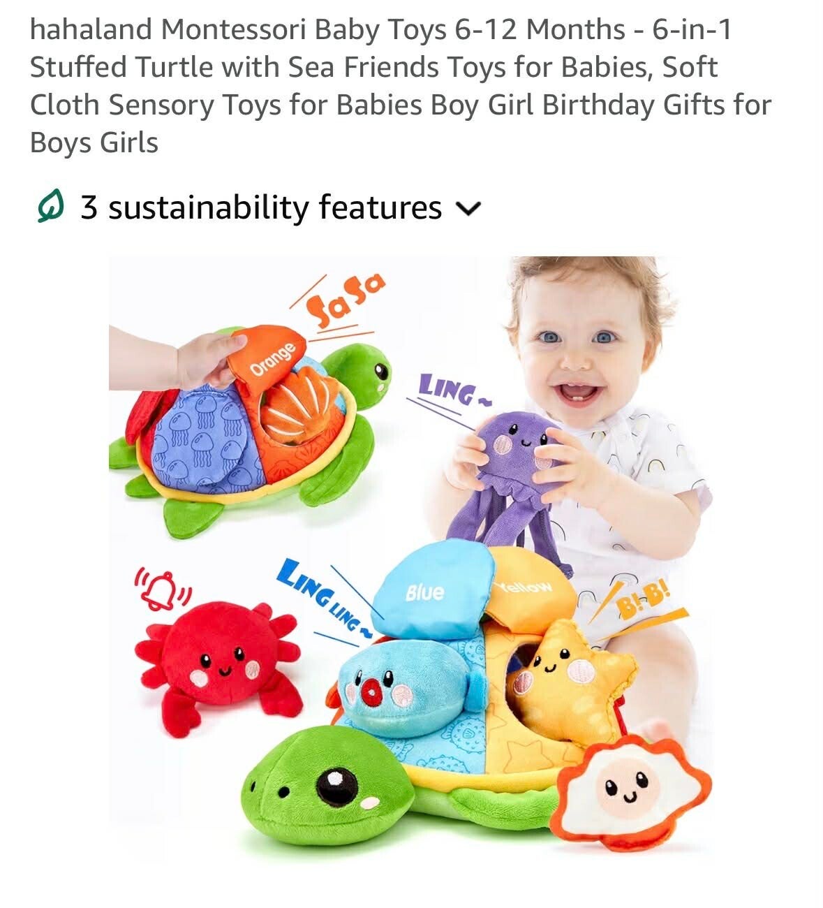 Hahaland Montessori 6 in 1 stuffed sensory turtle with sea friends, 6-12mths