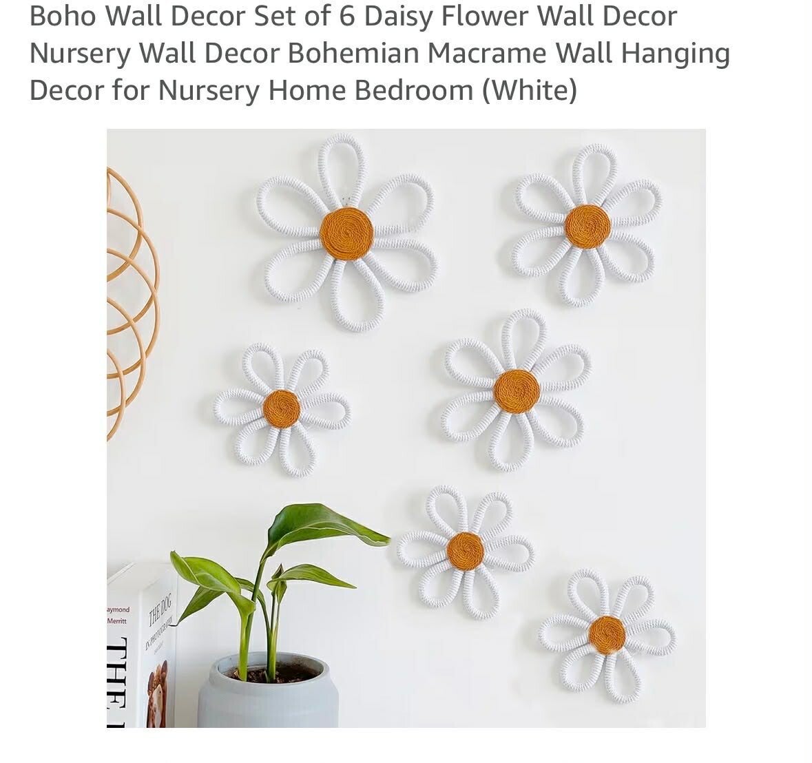 Boho wall decor, set of 6 daisy flower, 1 large, 2 medium, 3 small, white