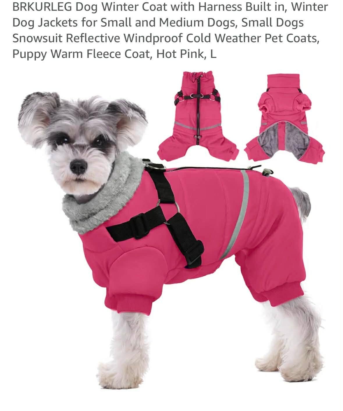 Dog winter coat with built-in harness, reflective, windproof, full body fleece, hot pink, L