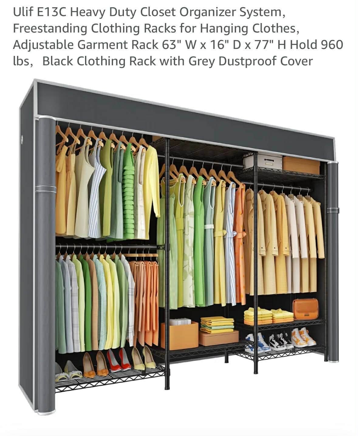 Ulif Heavy Duty closet organizer system, adjustable, 63x16x77'', holds 960lbs, black with grey dustproof cover