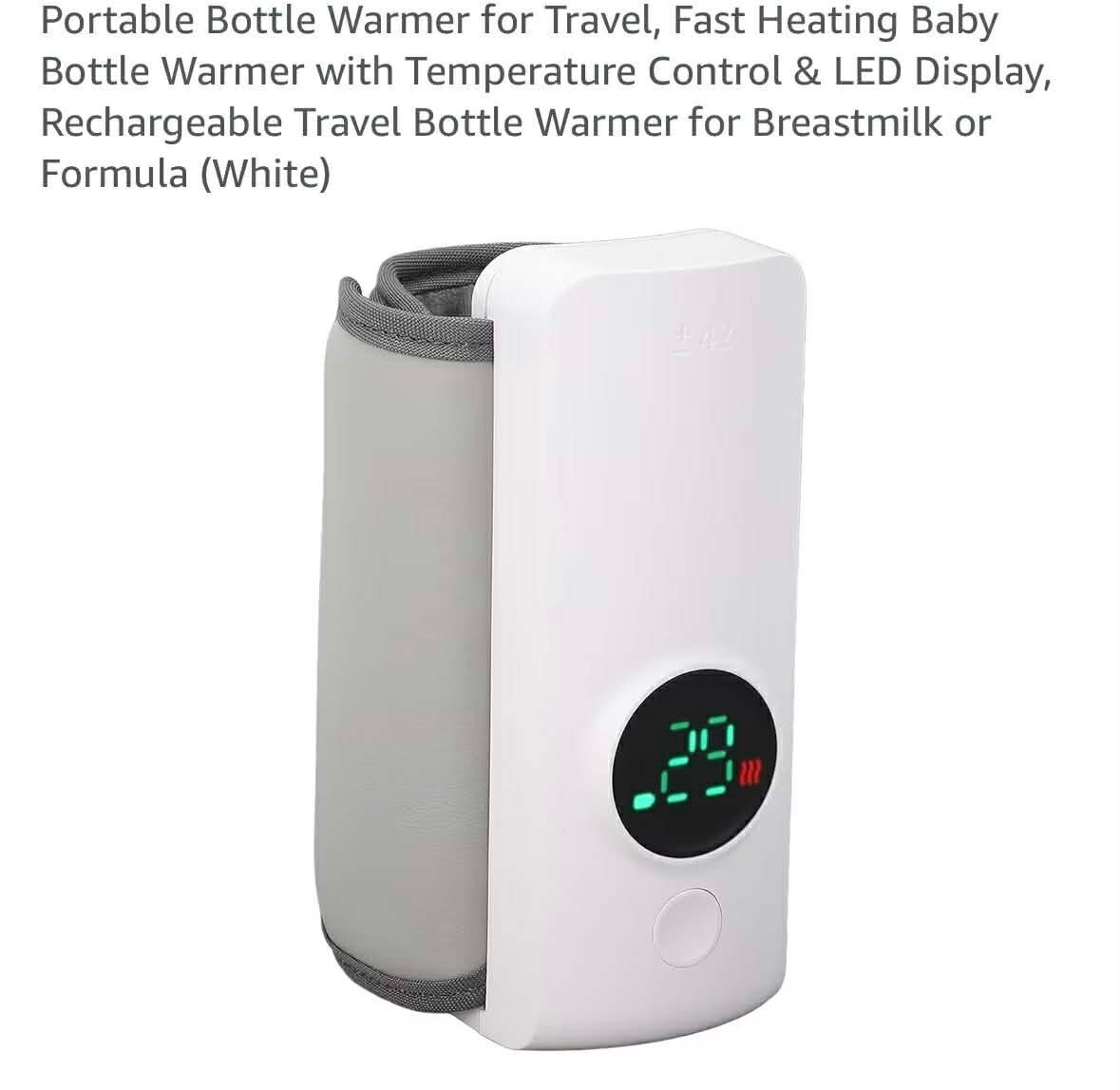 Portable bottle warmer, fast heating with temperature control & LED display, rechargeable, white