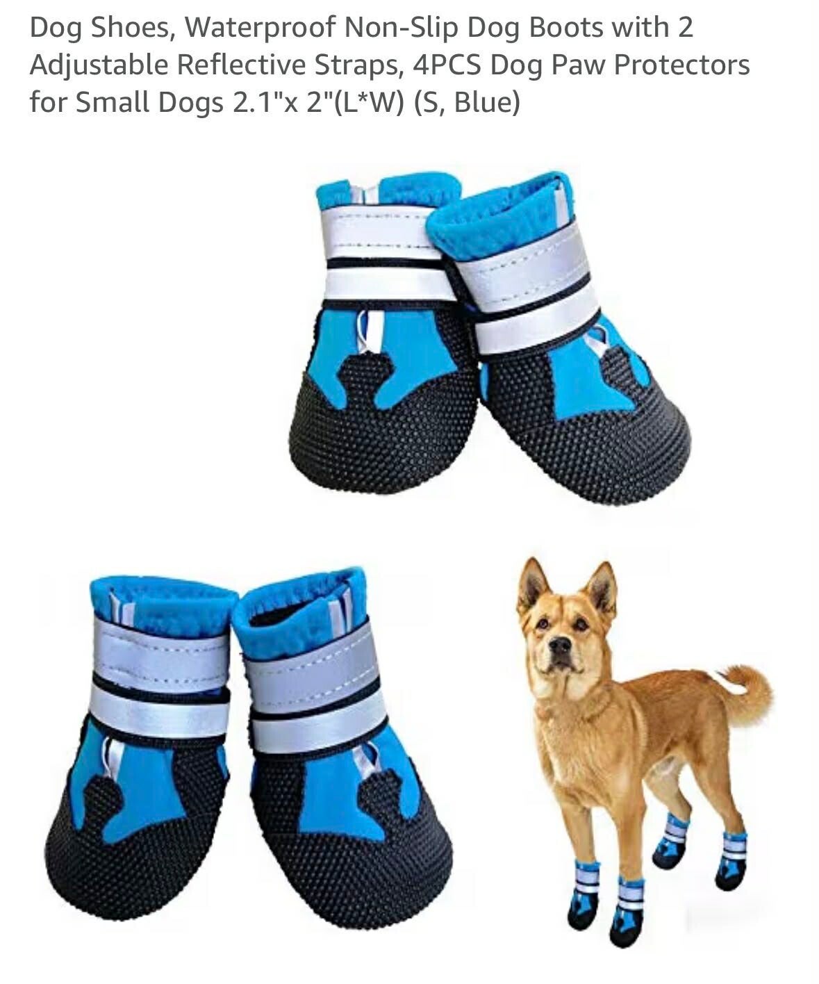 Dog winter boots, water resistant, warm lining, nonslip, rubber sole, reflective, 4pk, blue, size small