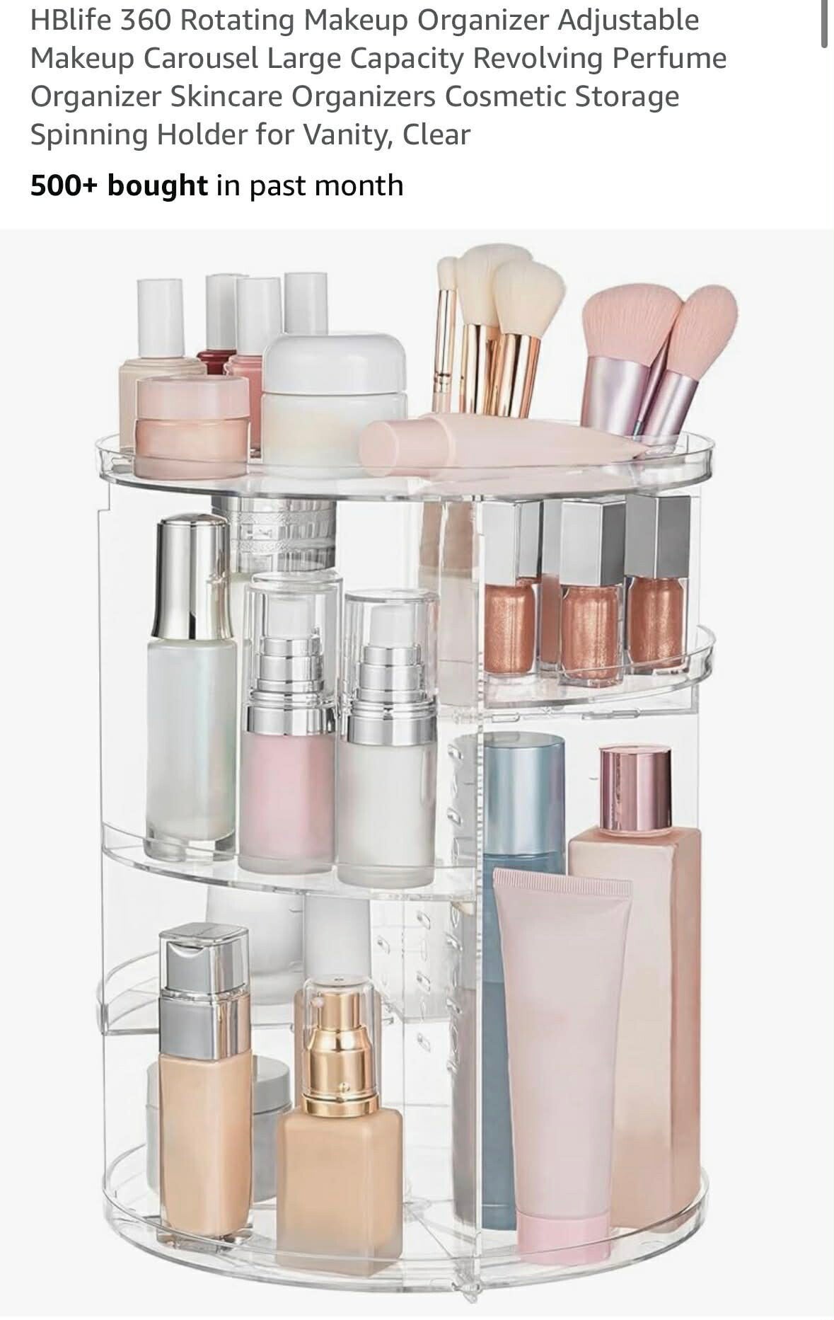 360 rotating makeup organizer, adjustable shelves, clear