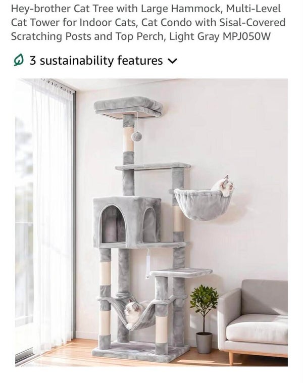 Hey brother cat tree, 60'' multi tower with platform bed, condo, hammocks and scratching posts, lt grey