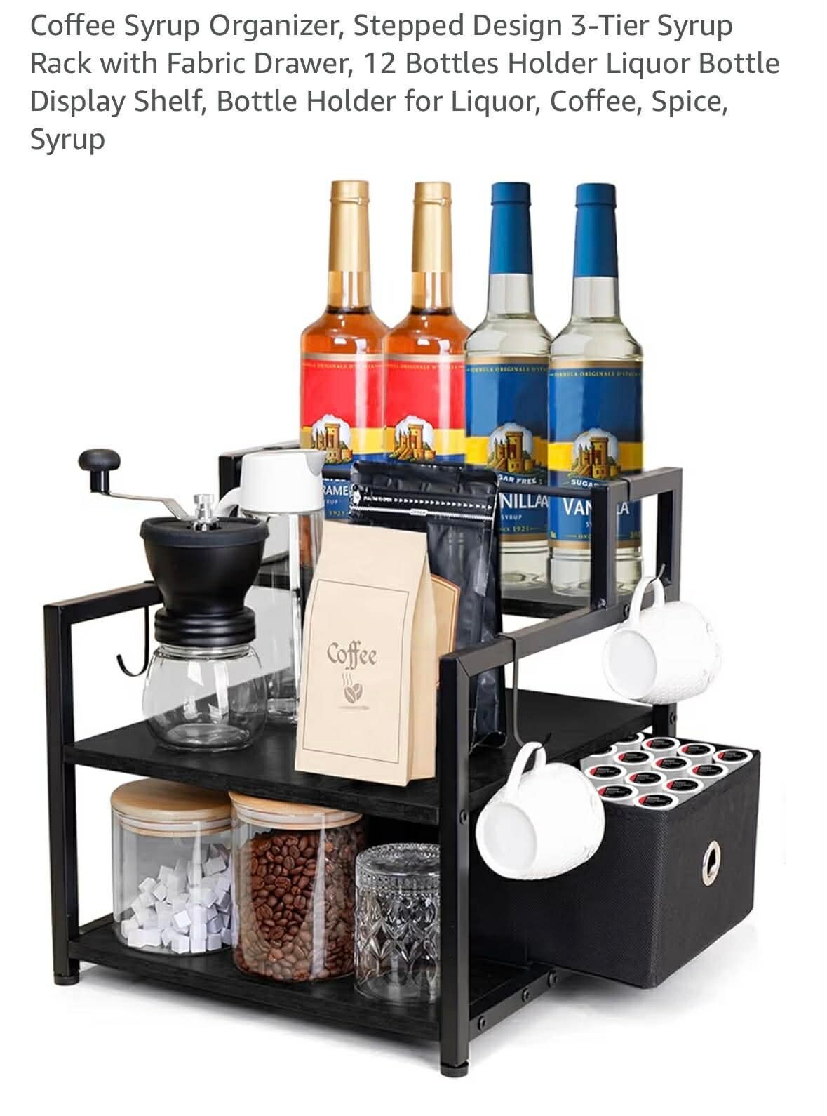 Coffee syrup organizer, 3-tier design with fabric drawer, holds 12 bottles, black