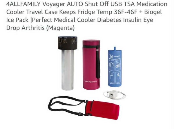 4ALLFAMILY Voyager, auto shut off, USB medication cooler travel case, fridge temp 36-46F + biogel ice pack, magenta