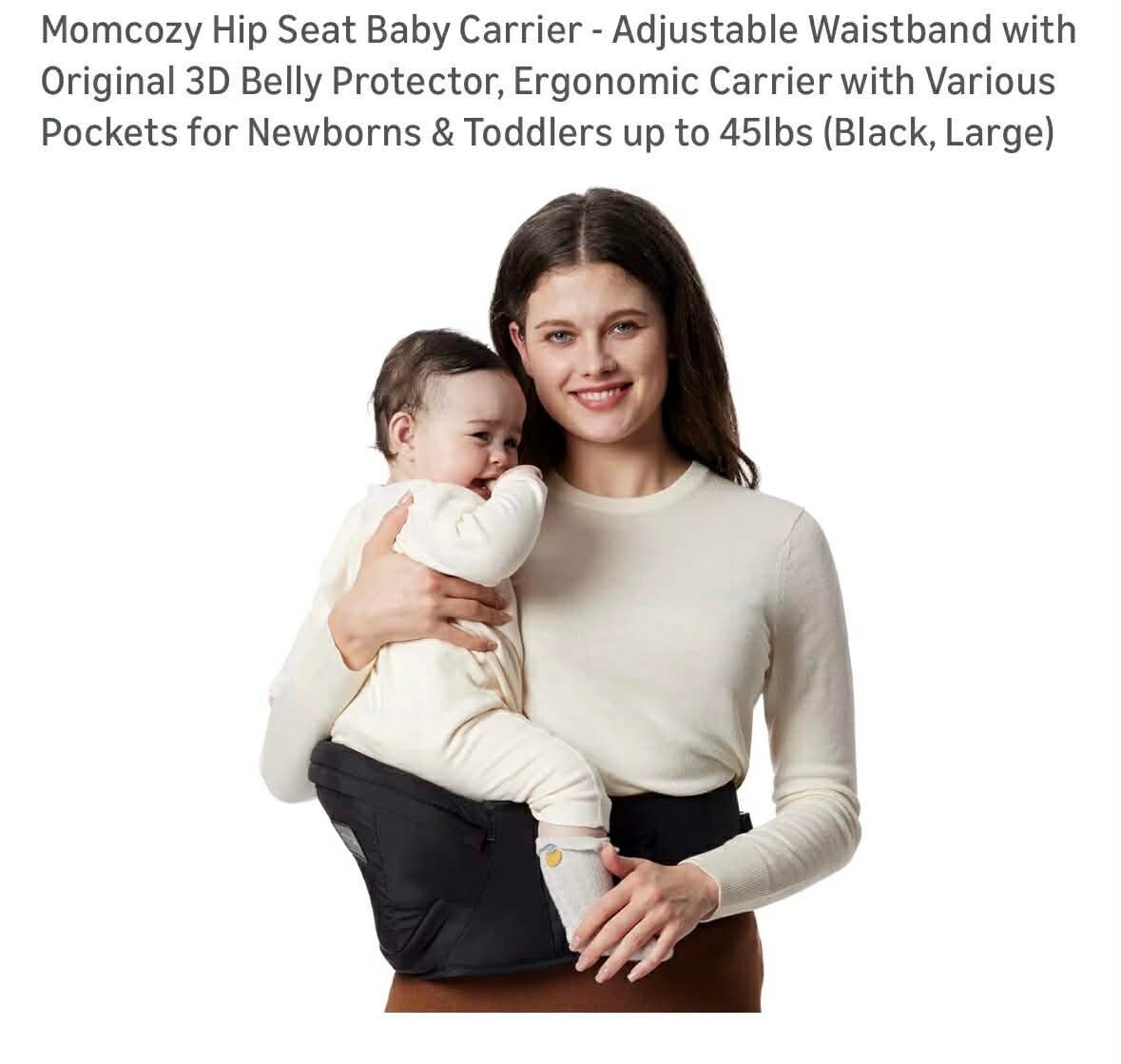 Momcozy hip seat baby carrier, adj waistband with belly protector, many pockets, up to 45lbs, black