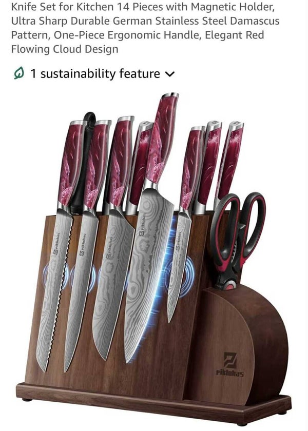 Piklohas knife set, 14 pcs with magnetic holder, red flowing cloud design