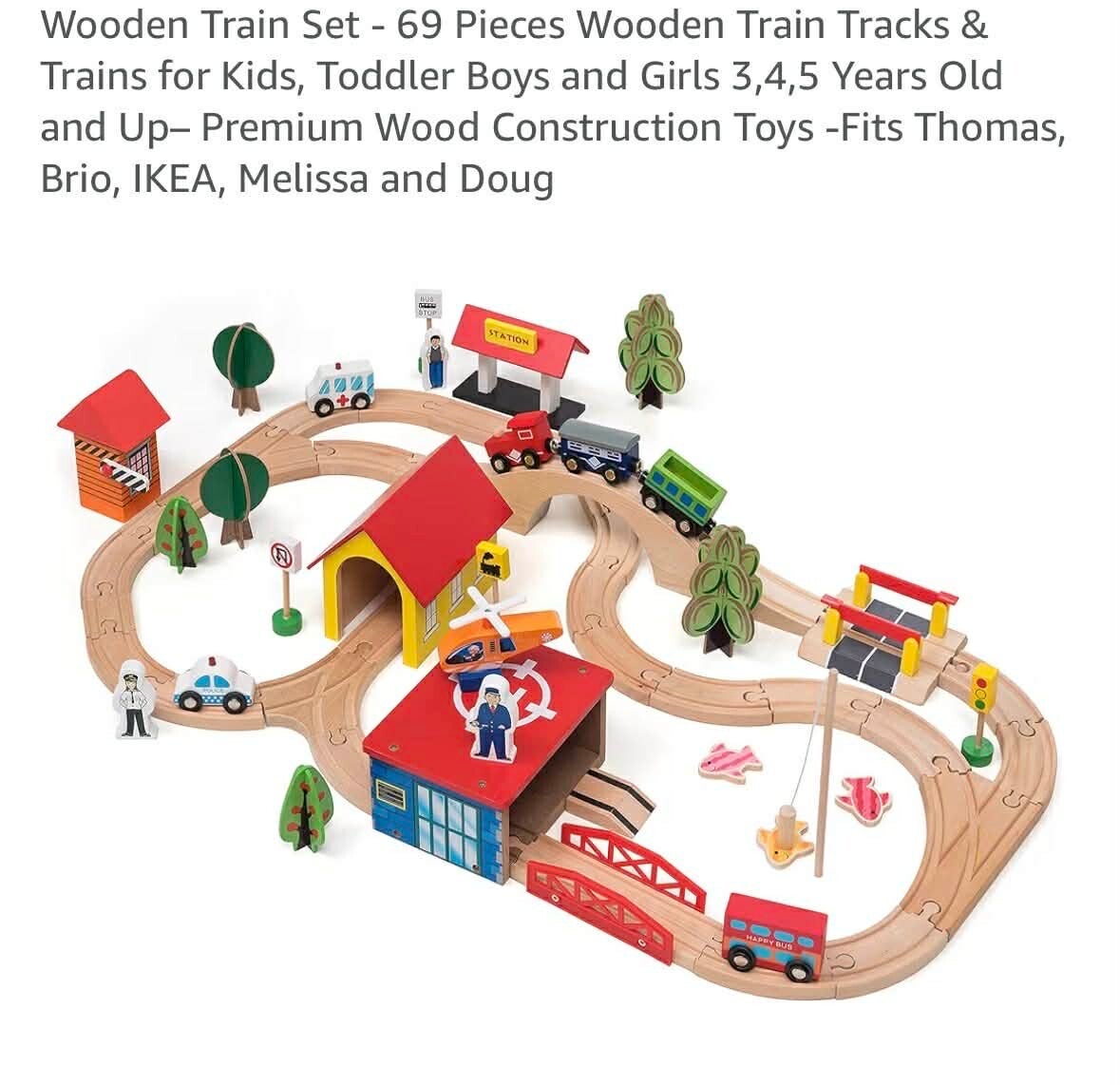 Wooden train set, fits Thomas, Brio, IKEA & Melissa & Doug, *missing helicopter & roof needs gluing