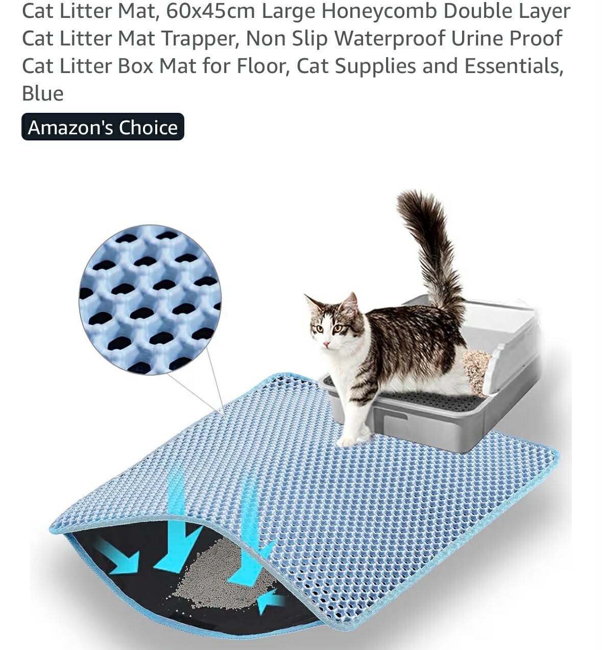 Cat litter mat, 60x45cm, 24x18'', large honeycomb double layer, non slip, waterproof, urine proof, blue