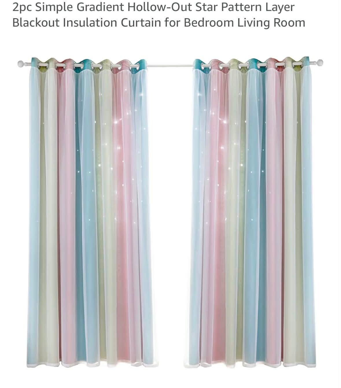 Simple gradient Hollow-Out star pattern layer blackout curtain set with tie backs, 34x44'', 2pk