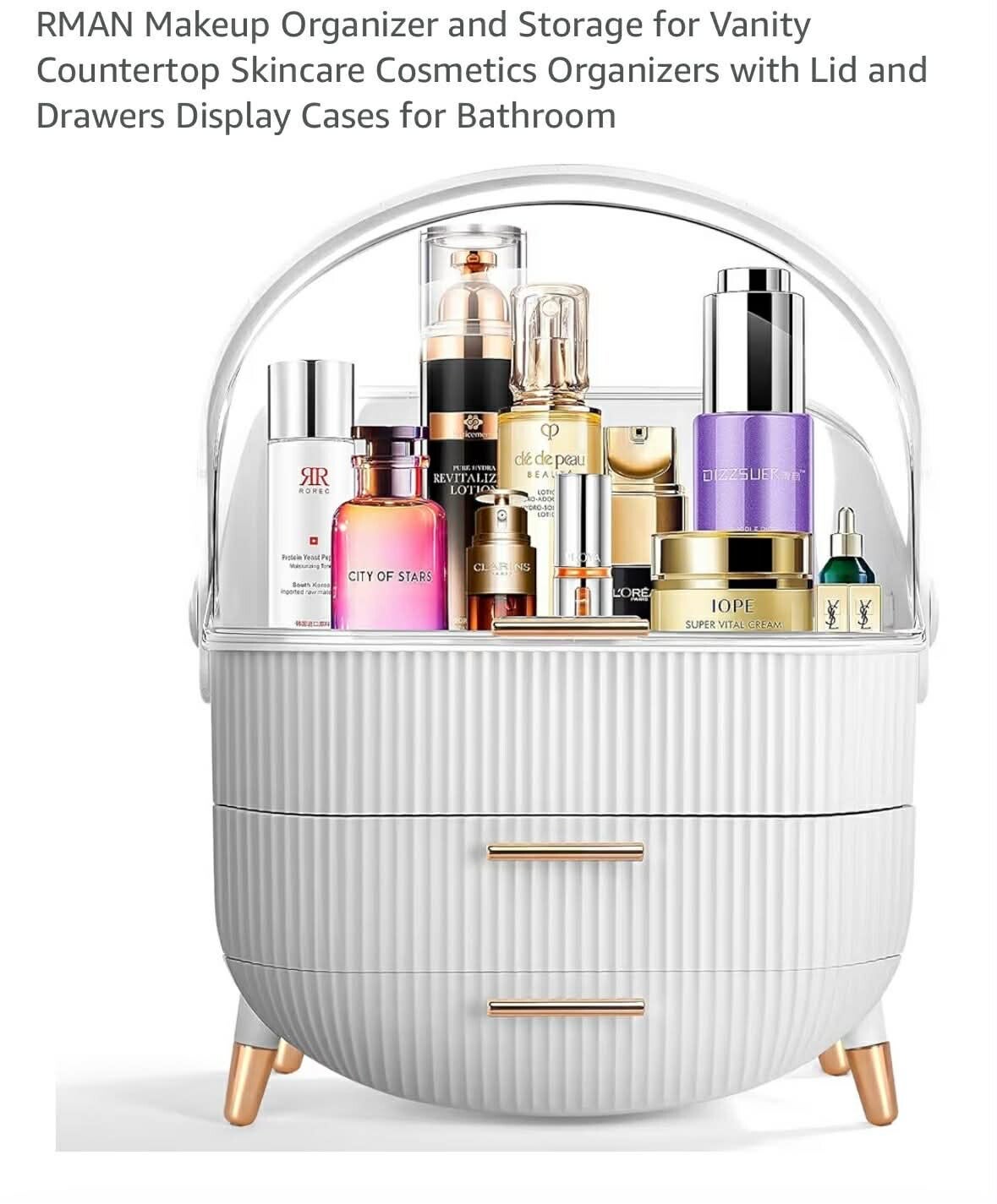 Makeup organizer and storage with lid and drawers, white/rose gold