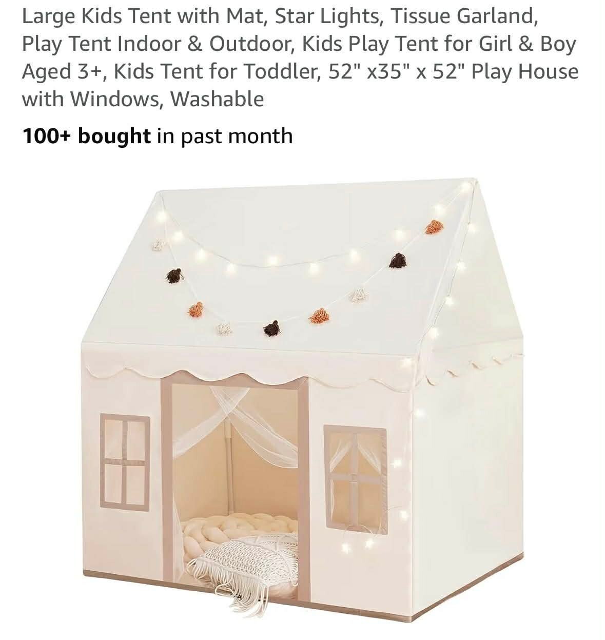 Large playhouse tent with windows, mat, star lights, tissue garland, washable, 52x35x52''