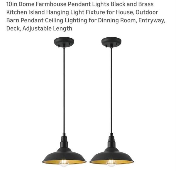 10'' Dome Farmhouse pendant lights, black and brass hanging lights, adjustable length, 2pk