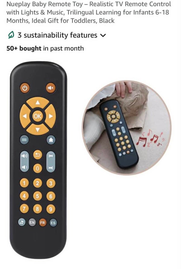 Nueplay baby realistic tv remote toy with lights and music, trilingual, 6-18mths, black