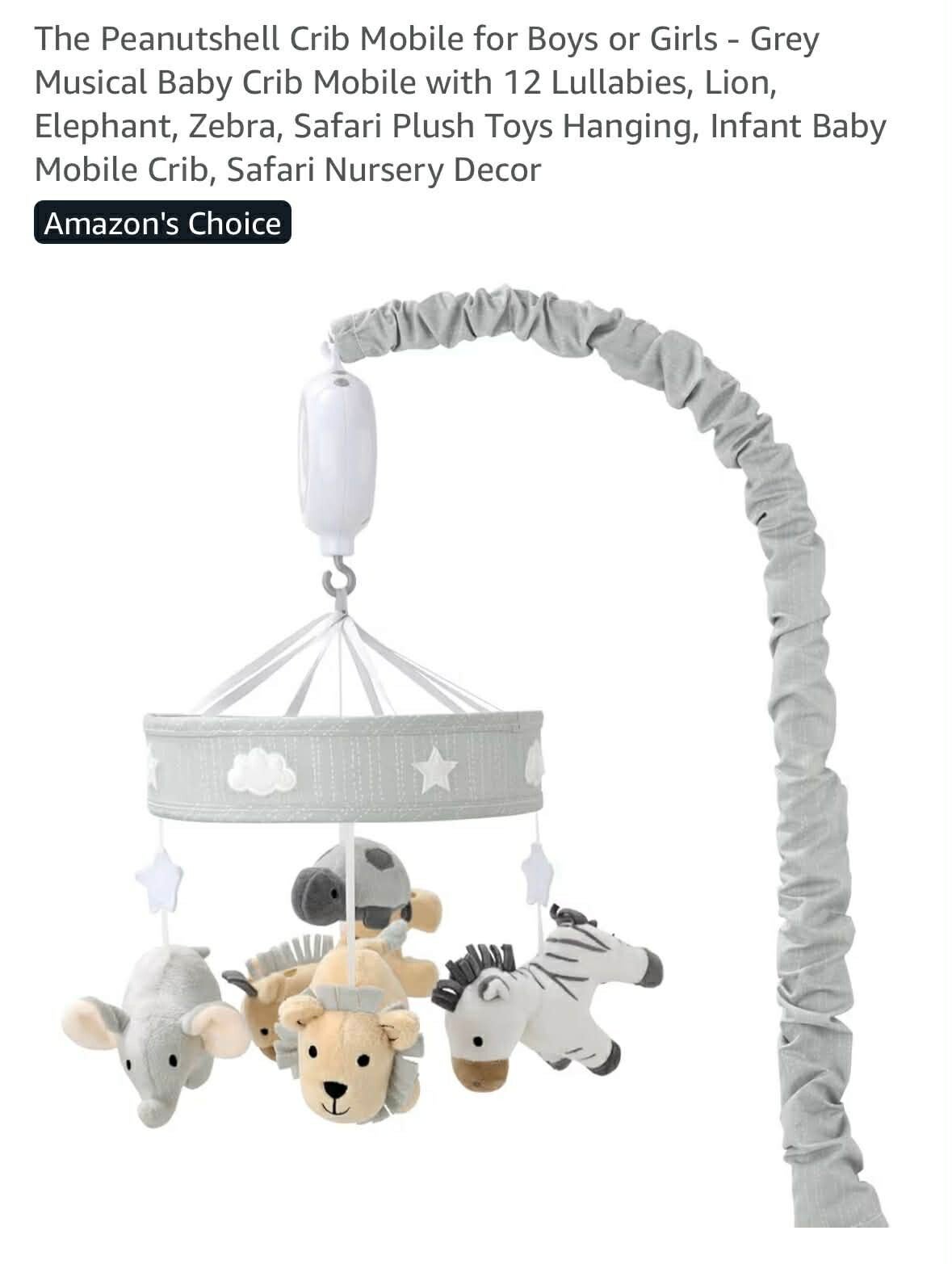 The Peanutshell crib mobile, 12 lullabies, safari animals, grey