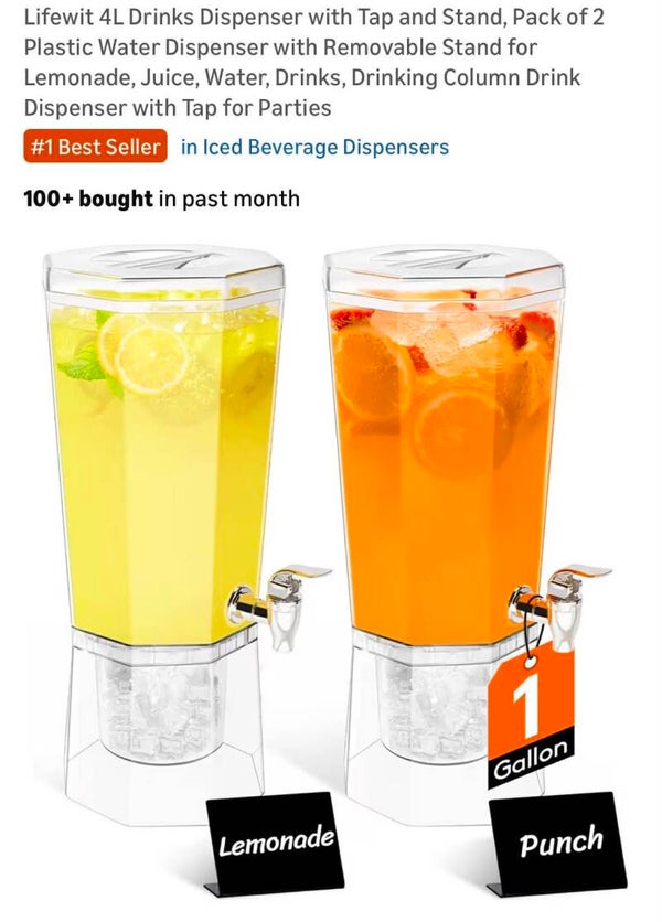Lifewit 4L drinks dispenser with tap and stand, pack of 2, plastic with removable stand